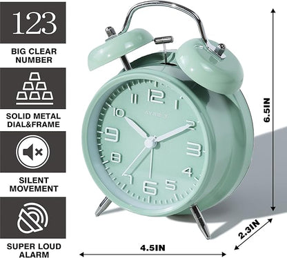 AYRELY® Super Loud Twin Bell Alarm Clock for Heavy Sleepers Adults, 4-Inch Retro Silent Non-Ticking with Night-Light, 3D Raised Number Dial, Battery Operated for Bedroom Bedside (3D Dial – Green)