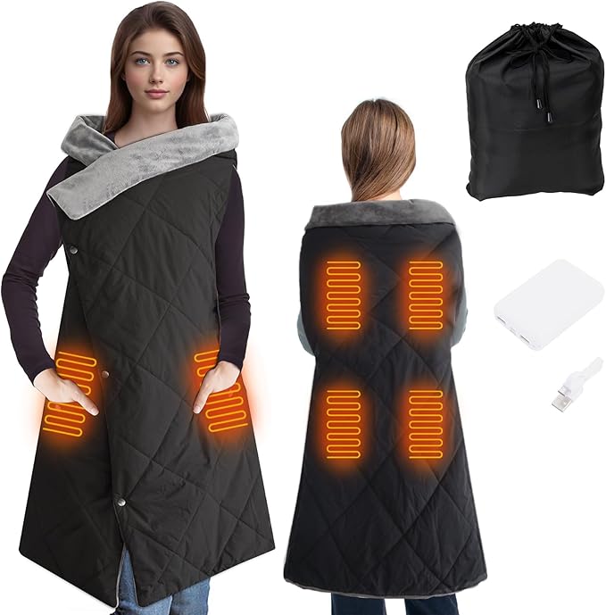 Heated Blanket Outdoors, Battery Operated Heated Throw with 10000mAh Power Bank, 2-in-1 Blanket & Shawl for Camping, Hiking, Stadium Events & Travel, Cordless USB Heated Blanket-Black