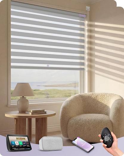 Graywind Motorized Blinds with Remote, Smart Zebra Shades for Windows, Hardwired Roller Blinds Compatible with Apple Homekit, Alexa, Google Home, Custom Size, Wool-Like Light Grey