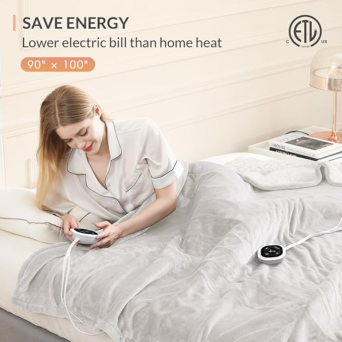 HOMLYNS LuxeHeat Heated Blanket Electric Blanket King Size, Soft Flannel Sherpa Heating Blanket with 10 Heat Settings, 1-10 hrs Timer Auto Shut Off (90x100 inches, Cream)