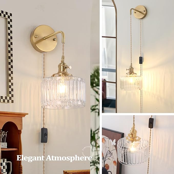 Vintage Wall Sconce with Clear Striped Glass Shade Hanging Wall Sconce with 4.9FT Plug in Cord, Modern Wall Lamp Fixtures Decor for Bedside Bedroom Indoor Doorway, Set of 2