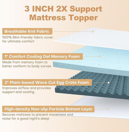 3 Inch Memory Foam Mattress Topper Full Size, 2 Inch Cooling Egg Crate Gel Memory Foam Plus 1 Inch High Density Gel Bed Topper