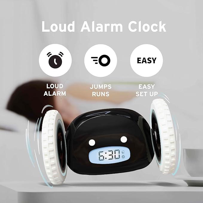 CLOCKY Alarm Clock on Wheels – Loud Rolling Alarm Clock for Heavy Sleepers | Runaway Clock That Jumps & Runs to Wake You Up | Funny Unique Gift for Adults, Teens & Kids Bedrooms (Black)