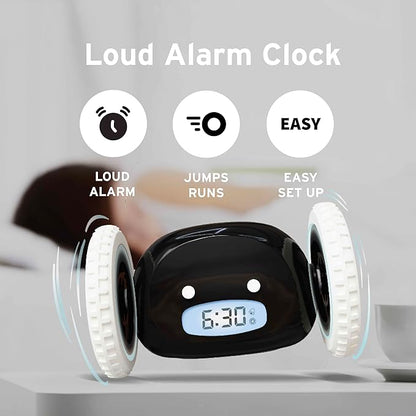 CLOCKY Alarm Clock on Wheels – Loud Rolling Alarm Clock for Heavy Sleepers | Runaway Clock That Jumps & Runs to Wake You Up | Funny Unique Gift for Adults, Teens & Kids Bedrooms (Black)