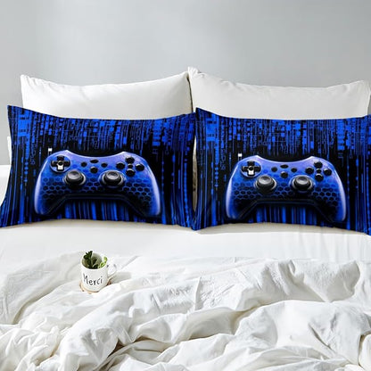 Manfei Gamer Gamepad Kids Sheet Queen Size,Video Gaming Gamepad Controller Bedding Set,Boys Girls Room Decor,Neon Lights Geometric Fashion Dark Blue Bed Sheet Set 4pcs(Fitted + Flat + 2 Pillowcases)