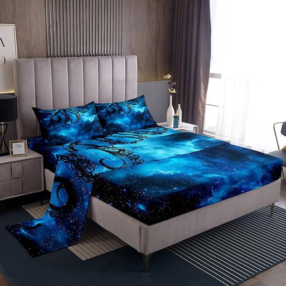 Octopus Sheet Set Queen Size Sealife Dark Blue Starry Sky Bed Sheet Set 4pcs with Deep Pocket Fitted Sheet + Flat Sheet + 2 Pillowcases Ocean Animal Abstract Soft Bedding Set for Kids Teens Room Decor