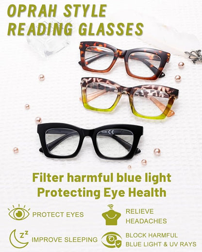 Hubeye Oprah Style Reading Glasses for Women Men Blue Light Blocking Computer Square Readers with Spring Hinge