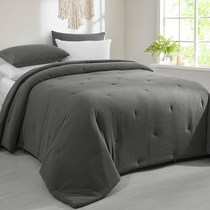 HOMBYS 100% Cotton Muslin Comforter Oversized King 128x120, Lightweight and Breathable Down Alternative Comforter,Soft Gauze Summer Dark Grey Reversible Fluffy Duvet Insert