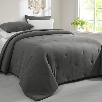 HOMBYS 100% Cotton Muslin Comforter Oversized King 128x120, Lightweight and Breathable Down Alternative Comforter,Soft Gauze Summer Dark Grey Reversible Fluffy Duvet Insert