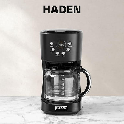 Haden Coffee Machine, 12 Cup Programmable Drip Coffee Maker with Auto Shut-Off Function and Reusable Washable Water Filter, Black & Chrome