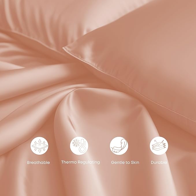 LINENWALAS Queen Flat Sheet Only - Rayon Derived from Bamboo Silk Bed Sheet, Premium Breathable Cooling Sheet, Soft Top Sheet (Queen, Rose Gold)