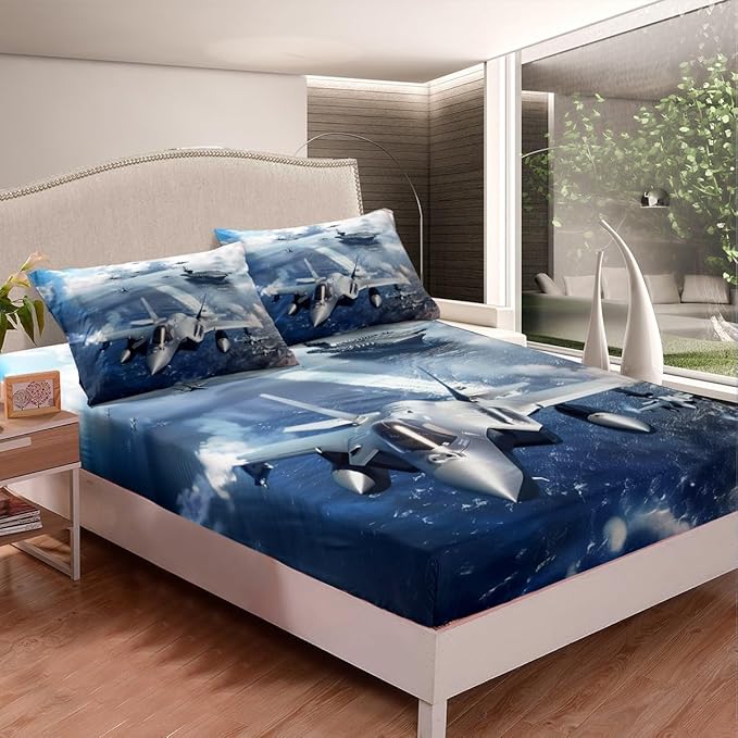 Fighter Aricraft Kids Fitted Sheet Full Size,Warplane Warship Ocean Waves Bedding Set,Boys Men Room Decor,Aviation Theme Modern Fashion Bed Cover,Blue Bed Sheet,2 Pillowcases