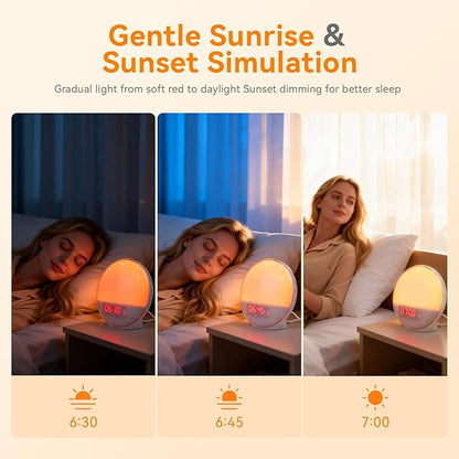 Sunrise Alarm Clock with App Control for Heavy Sleepers, Bedroom, Wake Up Light with Sunrise&Sunset Simulation, White Noise Sound Machine with 11 Colors Night Lights, Dual Alarms, FM Radio