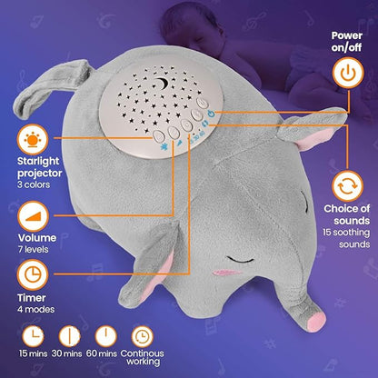 BEREST Baby Elephant Soother Toy with Starry Night Light Projector, Shushing Heartbeat Plush Stuffed Animal with Lullaby Music & White Noise for Newborn Sleep Aid, Perfect Infant Shower Gift