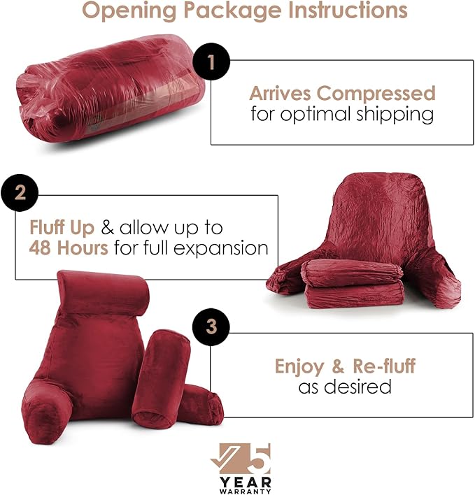 Nestl Reading Pillow with Shredded Memory Foam Includes 2 Neck and Lumber Support Pillows, Designed for Sitting Up in Bed and Couch, Back and Arms Adjustable Support for Adult & Teens, Red