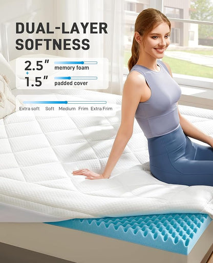 PERLECARE 4 Inch Dual Layer Full Mattress Topper for Pressure Relief, 2.5 Inch Cooling Egg Crate Gel Memory Foam Plus 1.5 Inch Pillow Top Cover, Soft with Deep Pocket