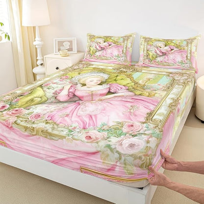 Princess Kids Full Size Fitted Sheet,Roses Floral Castle Fantasy Boys Girls Bed Sheets,Vintage Romantic Fashion Room Decor,Pink Yellow Bedding Set,2 Pillowcases(No Flat)