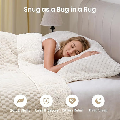 Drewin Weighted Blanket 15lbs, Adult Weighted Blankets with Double-Sided Shaggy Sherpa, Soft Plush Jacquard Bed Blanket for Sleeping and Calming, Ceramic Beads, Cream White, 48 x 72 inches