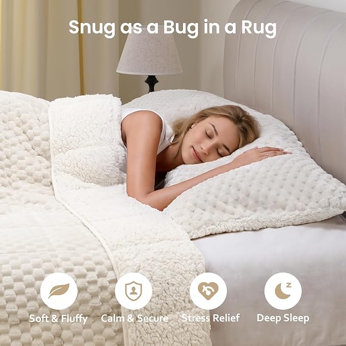 Drewin Weighted Blanket 20lbs, Ultra-Soft Warm Weighted Blanket Queen Size, 3D Jacquard Heavy Blanket for Sleep Natural and Relaxing, Cozy Bed Blanket with Ceramic Beads, Cream White, 60 x 80 inches