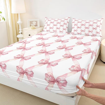 Pink Bowknot Fitted Sheet & Pillow Case Twin Size Dreamy Princess Style Kids Girls Bed Set for Kids Watercolor Bow Geometric Grids White Bedding Set (1 Fitted Sheet+1 Pillow Case)