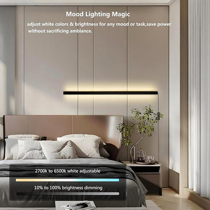 Modern LED Wall Light,RGBCW Wall Sconce Plug In or Hardwire Works with Alexa,Google Home,Remote & App,35.4In Long,Black Accent Wall Mount Lamp Dimmable for Living Room Bedroom Hallway,Music Sync,1pcs