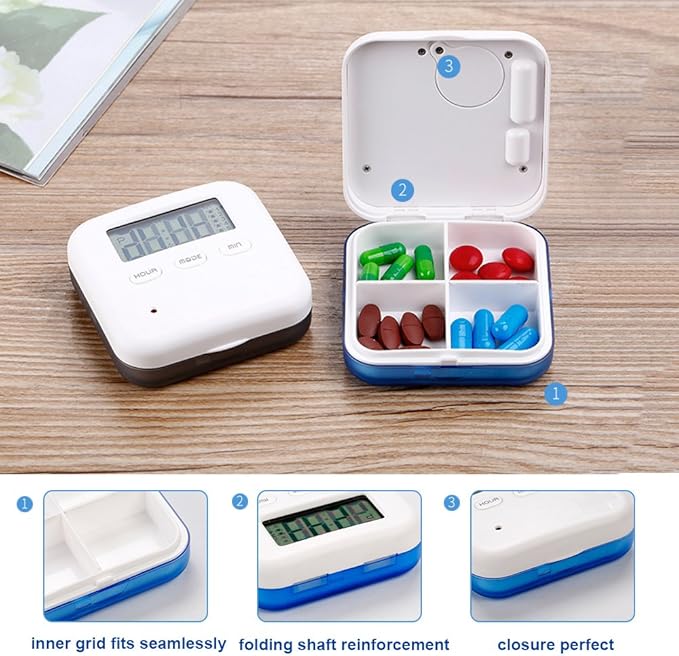 Pill Organizer,Portable Medicine Box Daily Medicine Organizer Box with Alarm Reminders-4 Compartment Medicine Pill Container Case (Blue)