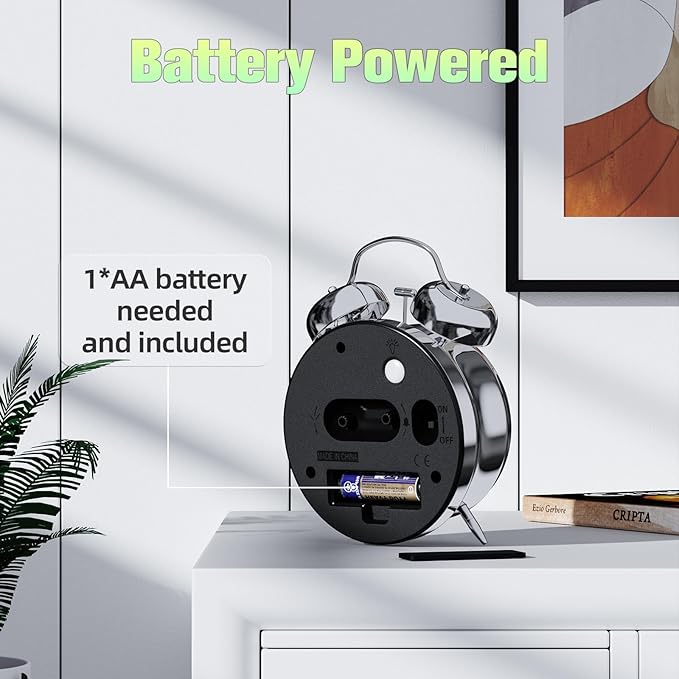 CHEREEKI Loud Alarm Clock for Heavy Sleepers Adults, Silent Non Ticking Analog Clock with Backlight, Luminous Dial, Battery Operated Alarm Clock for Bedroom, Included Battery, Silver