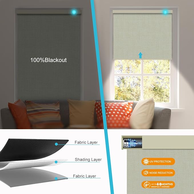 Motorized Blinds with Remote, Smart Blind Roller Shades Compatible with Alexa, Durable Rechargeable Battery Solar Power Electric Window Blinds Motorized Shades Customized Size (3-layer Beige)