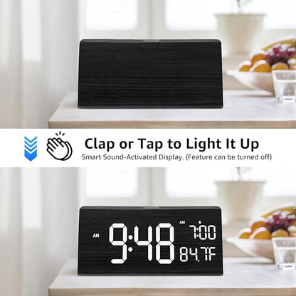 OhM-ega Wooden Digital Alarm Clock, Electric Clocks with Dual USB Port, Large Numbers, Temperature Display, Brightness Dimmer, Sound-Activated Display, Snooze, 12/24H, Black