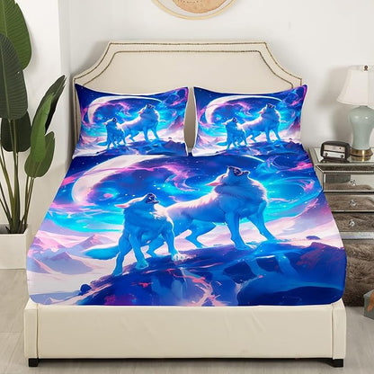 Wild Wolf Kids Fitted Sheet Queen Size,Glitter Stars Arctic Light Romantic Bedding Set,Boys Girls Room Decor,Rustic Animal Hunting Adventure Bed Cover,Blue Bed Sheet,2 Pillowcases