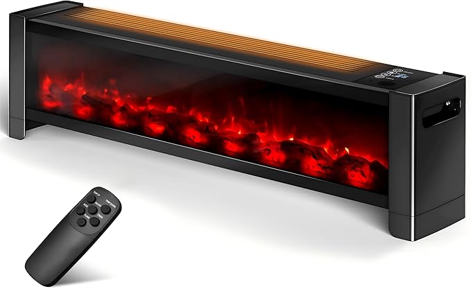 Baseboard Heater with Flame - 1000W Electric Fireplace Heater with Realistic 3D Flame Effect, Adjustable Thermostat Space Heater for Large Room, Office, Bedroom, Tip-Over & Overheat Protection