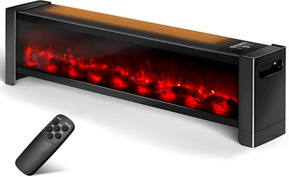 Baseboard Heater with Flame - 1000W Electric Fireplace Heater with Realistic 3D Flame Effect, Adjustable Thermostat Space Heater for Large Room, Office, Bedroom, Tip-Over & Overheat Protection