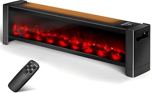 Baseboard Heater with Flame - 1000W Electric Fireplace Heater with Realistic 3D Flame Effect, Adjustable Thermostat Space Heater for Large Room, Office, Bedroom, Tip-Over & Overheat Protection