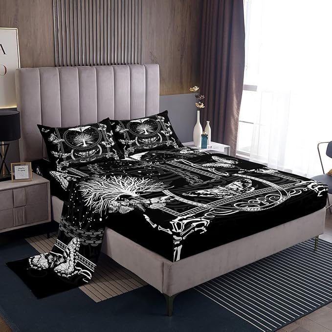 Manfei Gothic Moth Kids Sheet Set Full Size, Human Skeleton Skull Bed Sheet Set 4pcs (Fitted Sheet, Flat Sheet, 2 Pillowcases), Death Moth Butterfly Bedding Set for Boys Teens Bedroom Decor