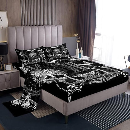 Manfei Gothic Moth Kids Sheet Set Queen Size, Human Skeleton Skull Bed Sheet Set 4pcs (Fitted Sheet, Flat Sheet, 2 Pillowcases), Death Moth Butterfly Bedding Set for Boys Teens Bedroom Decor