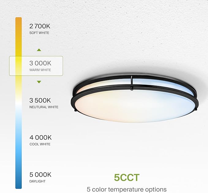 ASD LED 24" Oval Flush Mount Lighting, Close to Ceiling Light Fixture | 5CCT, Dimmable, ETL Listed | 38W 3289LM 2700-5000K 120V | Low Profile Double Ring Lamp | Black