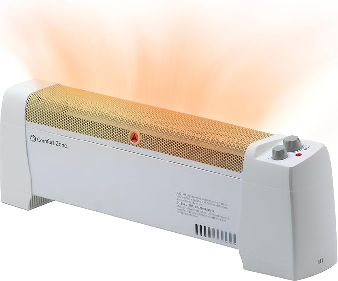 Comfort Zone 1500W Convection Baseboard Heater with Built-In Thermostat, Overheat & Tip-Over Protection, Dent-Proof Ends, Plug-In Portable, Ideal for Home, Bedroom & Office, White