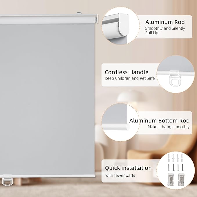 ChrisDowa Cordless Blackout Roller Shades for Windows, Thermal Insulated UV Protection Pull Down Shades, Total Blackout Window Blinds for Home, Office, Bedroom, Door (62" W x 72" H, Grey)