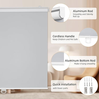 ChrisDowa Cordless Blackout Roller Shades for Windows, Thermal Insulated UV Protection Pull Down Shades, Total Blackout Window Blinds for Home, Office, Bedroom, Door (62" W x 72" H, Grey)