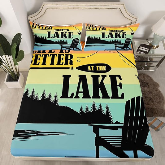 Lake Theme Kids Fitted Sheet Twin Size,Camping Outdoor Adventure Bedding Set,Boys Girls Room Decor,Lake House Fishing Rustic Cabin Bed Cover,Blue Black Bed Sheet,1 Pillowcase(No Top Sheet)