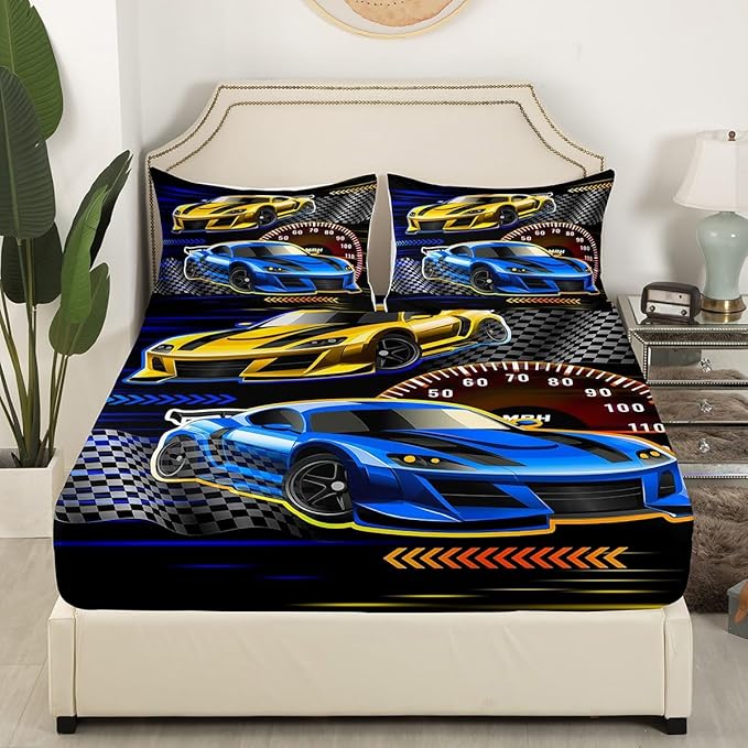 Street Art Style Bedding Set Full Size,Racing Theme Fitted Sheet,Race Car Sheet Set for Kids Teens Adults Bedroom Decor,2 Pillowcases