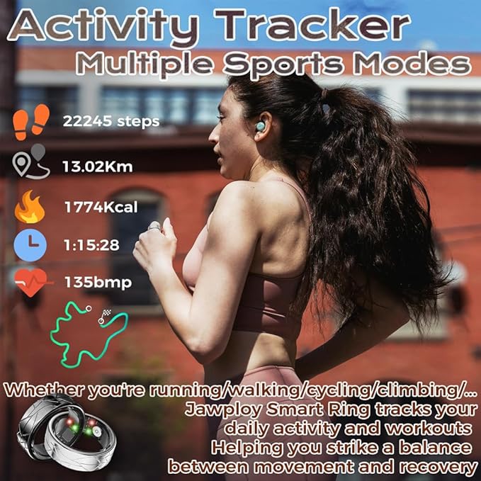 Smart Ring Fitness Tracker Sleep Tracking Heart Rate Monitor Pedometer, Waterproof Activity Tracker Fitness Ring Steps Counter, Gesture Controls for Short Video, 8 Days Last, Silver, #12