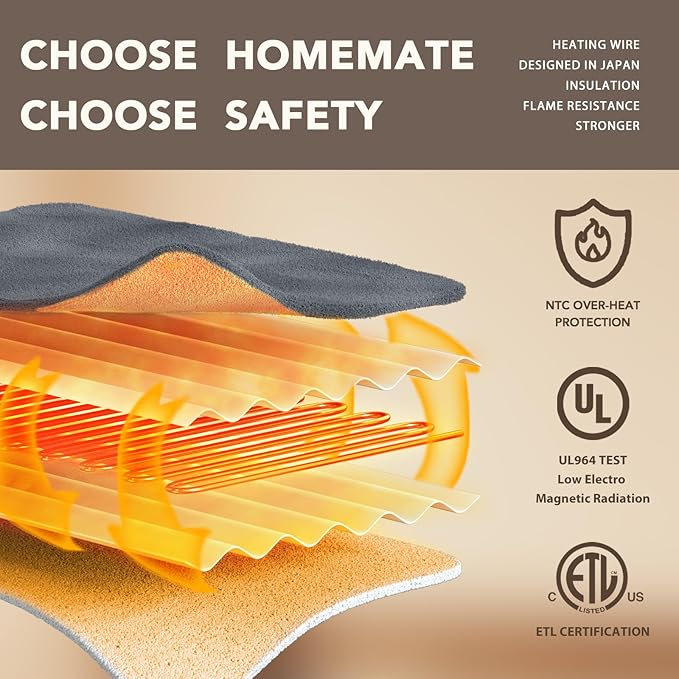 Homemate Electric Heated Blanket Queen Size - 84"x90" Heating Blanket Queen Size Dual Control 1/2/4/6/8 Hours Auto-Off 10 Heat Level Over-Heat Protection Flannel Sherpa ETL Certification