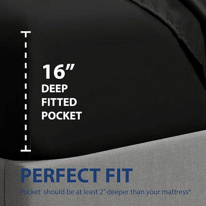 Cathay Home California King Fitted Sheet - Double Brushed Ultra Soft – Wrinkle & Fade Resistant - 16" Deep Pocket Fitted Sheet Only - Good Fit for 14"-18" Deep Mattress (Cal King, Black)