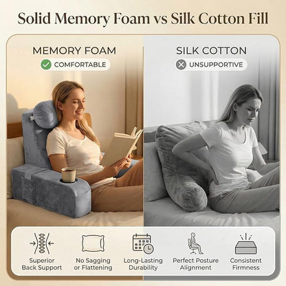 AS AWESLING 21 INCH Reading Pillow for Adults, Back Pillow for Bed Sitting Up, Backrest Pillow for Sitting in Bed, Detachable Arms with Built-in Cup & Phone Caddy (Gray, 21 INCH)
