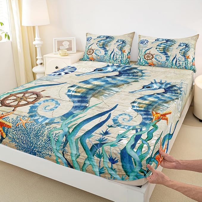 Seahorse Sheet Queen,Ocean Animal Bed Sheet Set 4pcs with Deep Pocket Fitted Sheet + Flat Sheet + 2 Pillowcases Teal Blue Sea Horse Marine Mediterranean Style Bedding Set for Kids Teens Room Decor