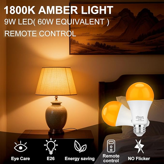 KINUR Amber Sleep Light Bulbs 1800K with Remote Control, Blue Light Blocking A19, 9W for Sleep,Bedroom (2Packs)