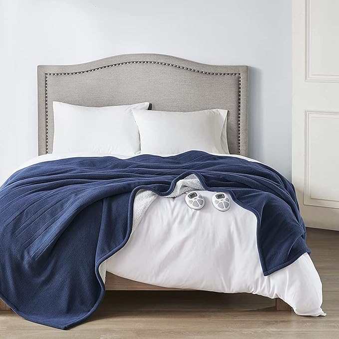 Serta Heated Blanket - Reversible Fleece to Sherpa Electric Blanket, Fast Heating, Auto Shut Off Timer, Multi Heat Setting, ETL Certified, Machine Washable, Blue Queen
