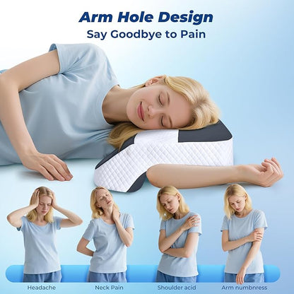 SAHEYER Side Sleeper Pillow with Arm Holes, 2 in 1 Shoulder Relief System for Rotator Cuff Pain, Memory Foam Pillow for Adults with 3 Arm Place Hole, Grey