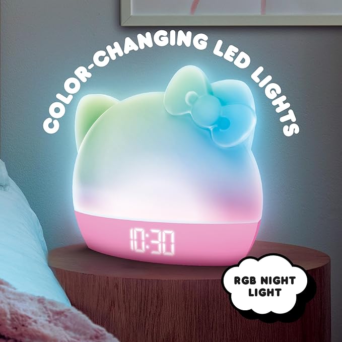 Hello Kitty Sunrise Alarm Clock with Color-Changing RGB LED Night Light – Ambient Lighting, Time/Date/Temperature Display, USB Powered w/Device Charging, Pink